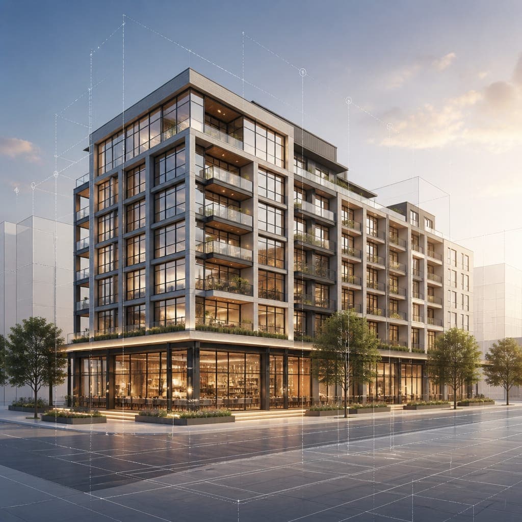 retail mixed use commercial block conceptual illustration